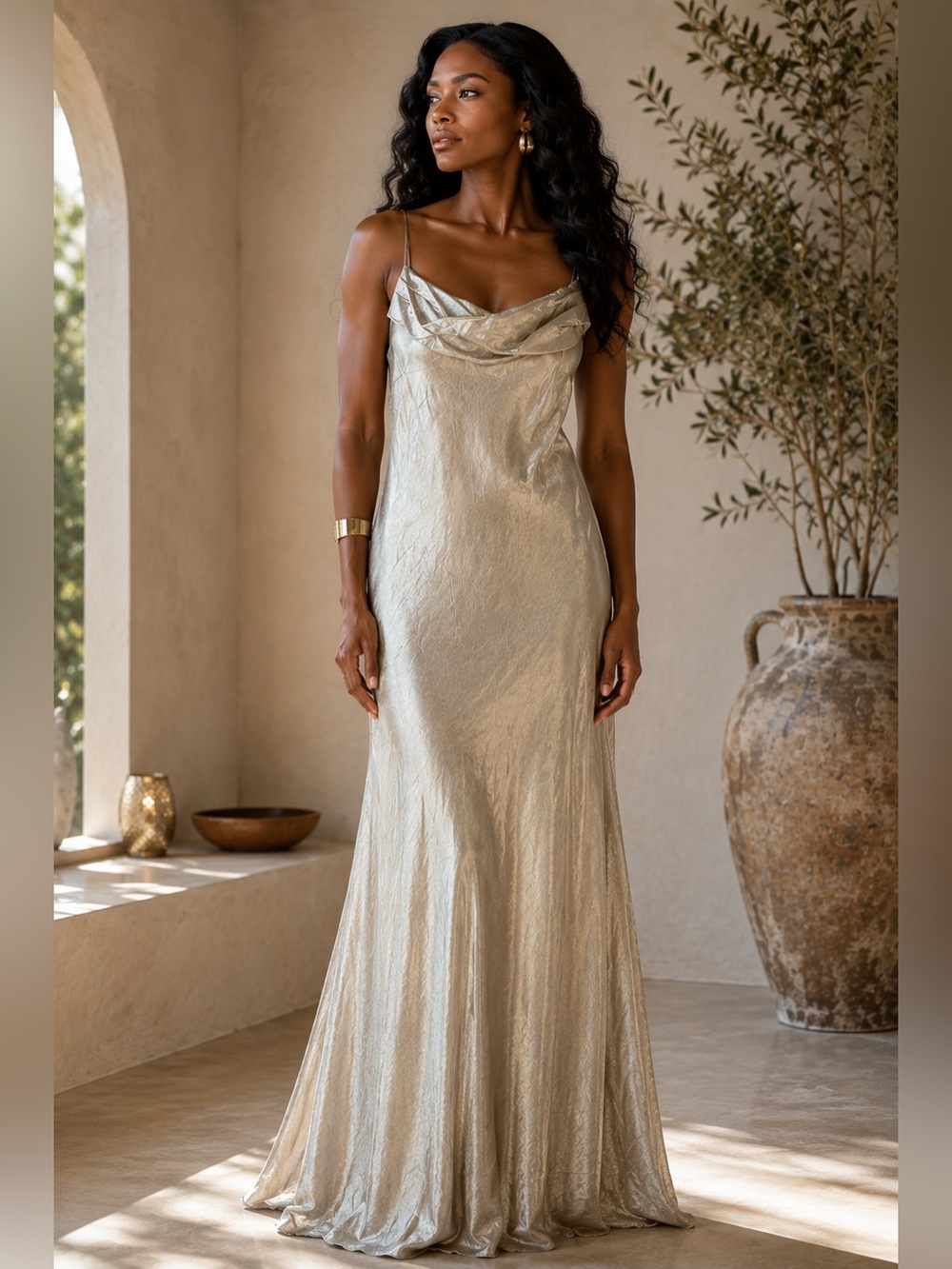Coast Champagne Metallic Maxi Dress Size 10 Draped Cowl Neck Formal Evening Gown